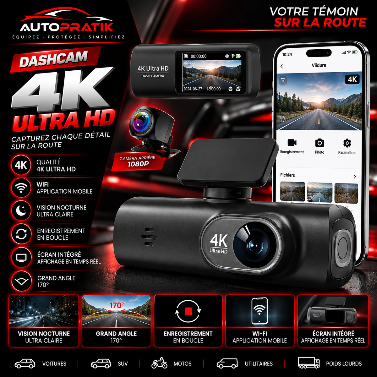 Infographie de la dashcam avant et arrière présentant la résolution 4K, la caméra arrière 1080p, le Wi-Fi, la vision nocturne, l’enregistrement en boucle et l’écran intégré