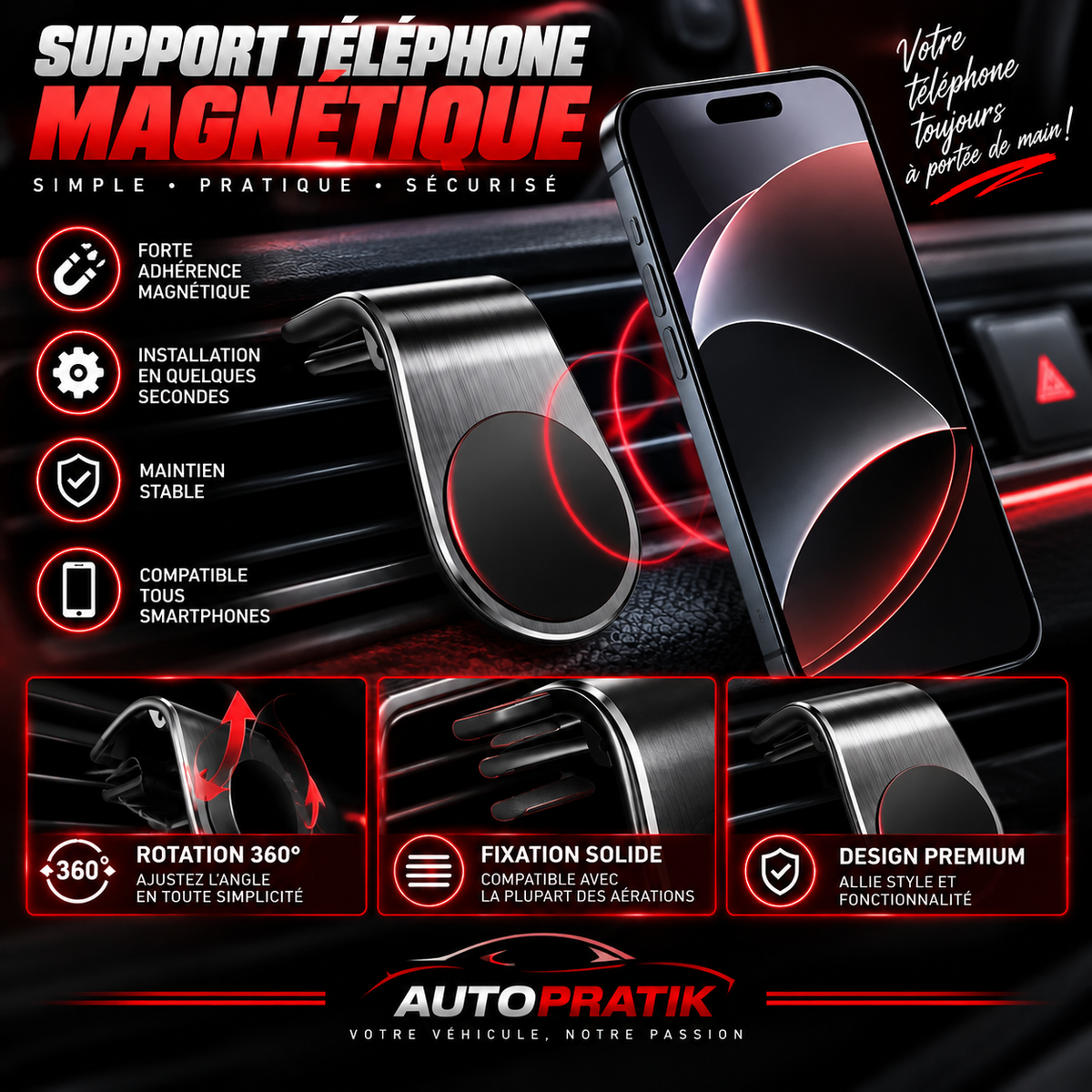 Support Téléphone Magnétique pour Voiture – Design Carbone