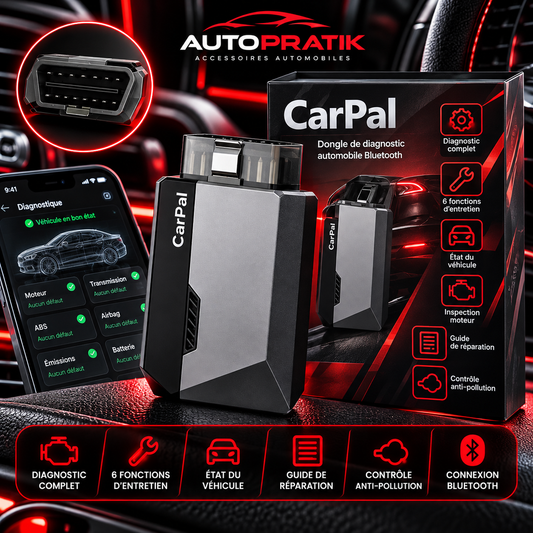 Visuel du dongle CarPal OBD2 avec son emballage et un smartphone affichant un écran de diagnostic