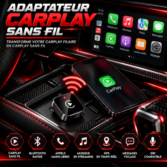 Adaptateur CarPlay sans fil avec un iPhone et l’interface CarPlay sur l’écran de la voiture.