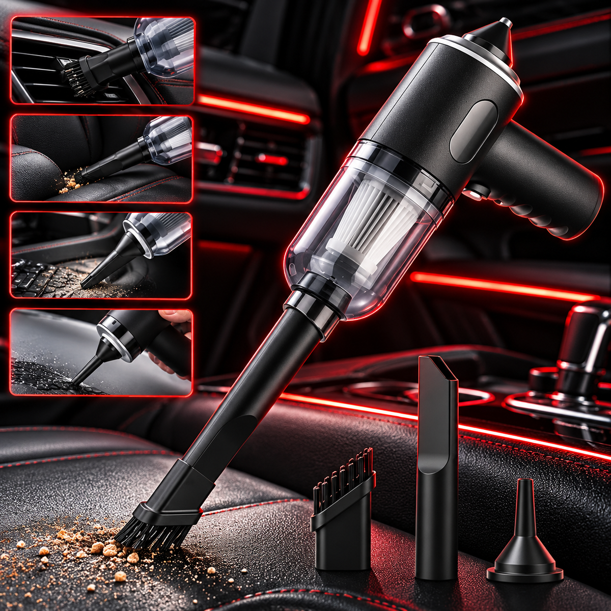 Aspirateur sans fil avec embout brosse et exemples de nettoyage des grilles d’aération, des sièges et des tapis.