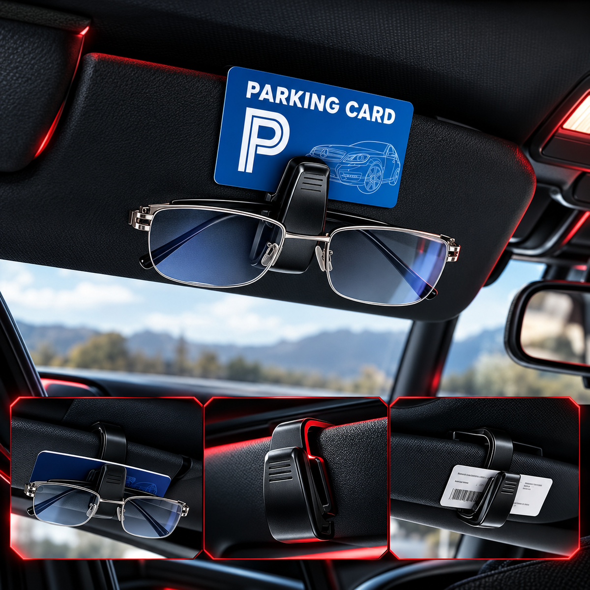 Clip noir fixé au pare-soleil, maintenant une paire de lunettes et une carte de parking.