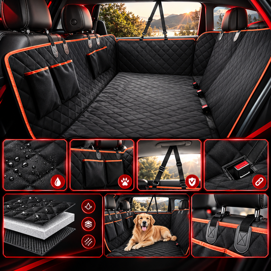 Housse de voiture avec un chien, détails des sangles, des poches et des ouvertures pour ceintures.