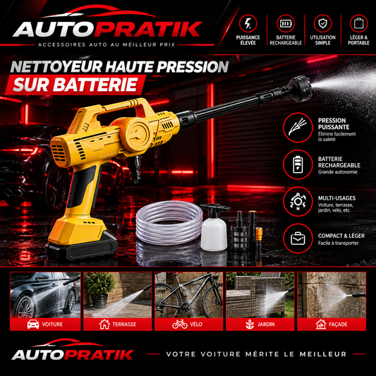 Visuel d’un nettoyeur haute pression sur batterie, avec ses accessoires et des exemples d’utilisation sur une voiture, une terrasse, un vélo, au jardin et sur une façade