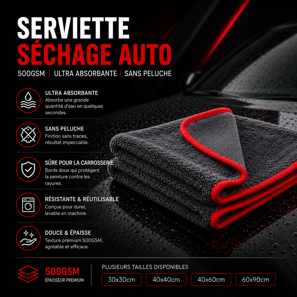 Serviette Microfibre Séchage Auto 500GSM
