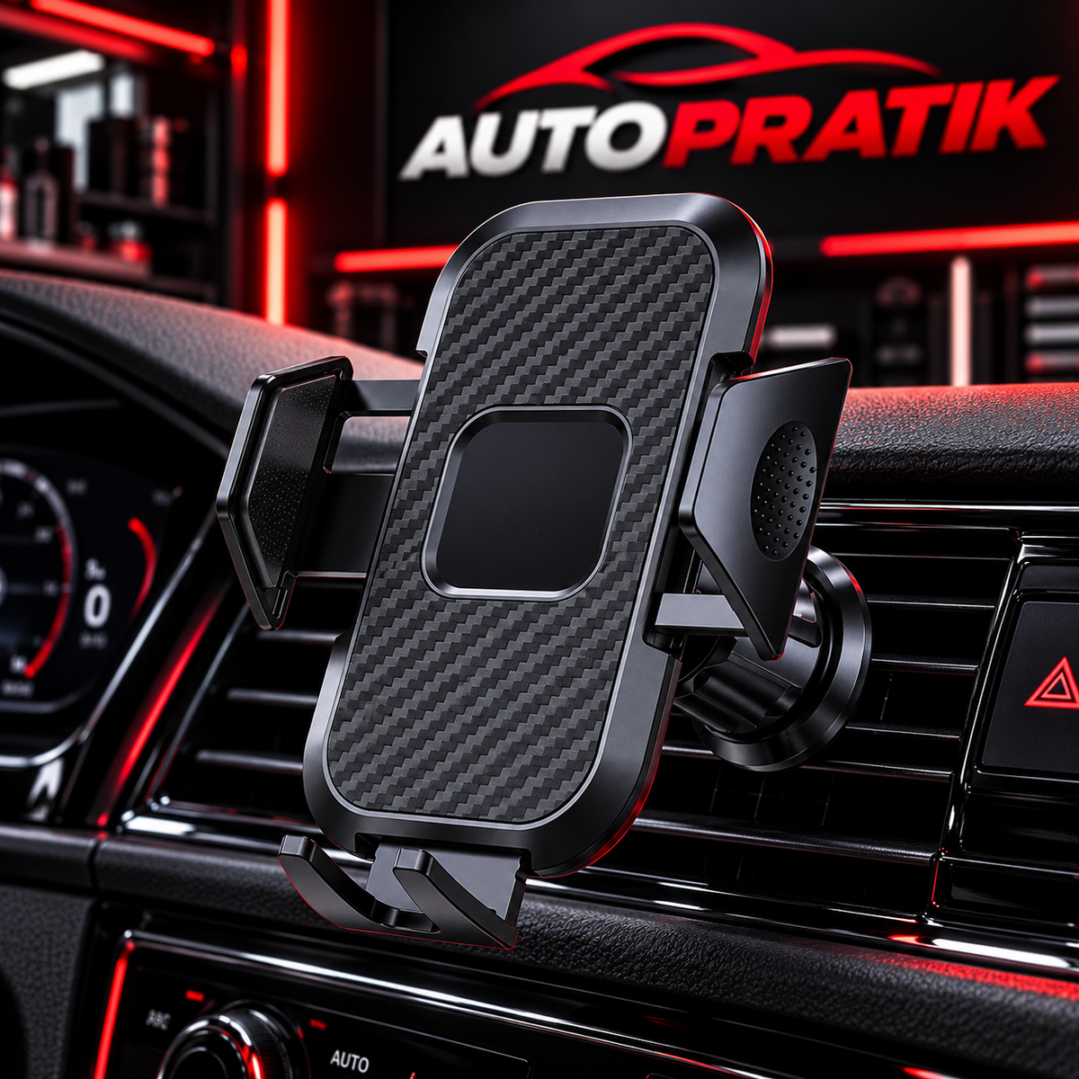 Support téléphone à bras réglables et finition effet carbone fixé sur une grille d’aération de voiture
