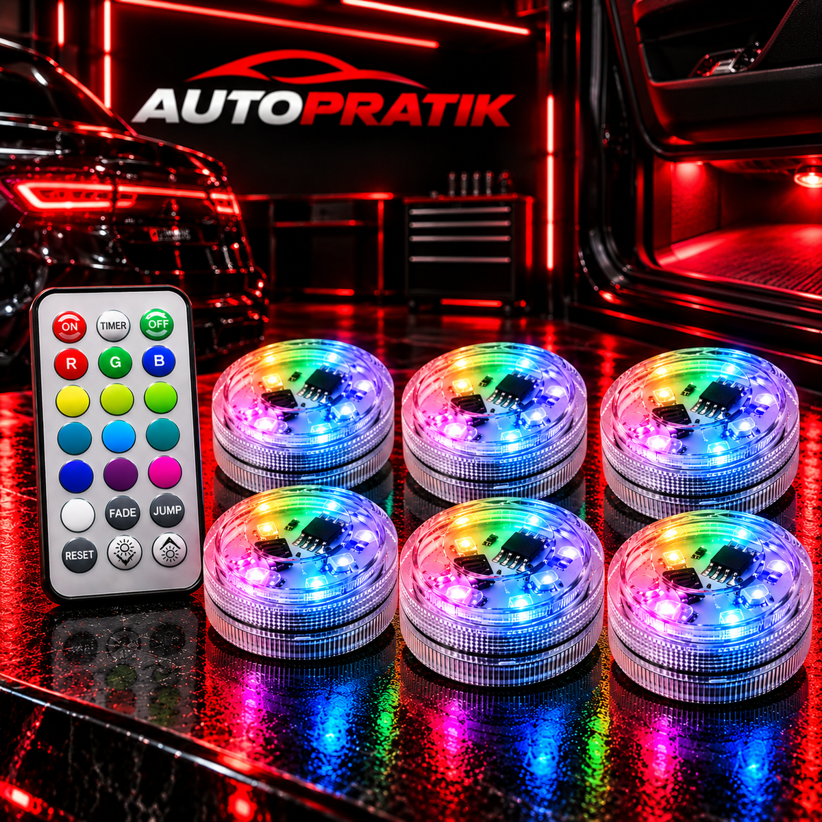 Six lampes LED RGB rondes multicolores pour voiture avec une télécommande
