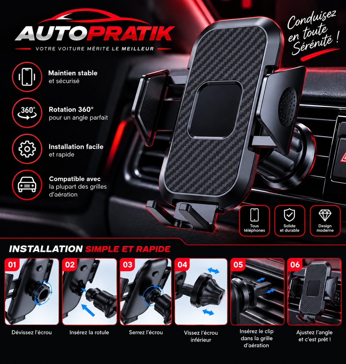 Support téléphone pour grille d’aération avec bras latéraux, rotation et étapes d’installation illustrées
