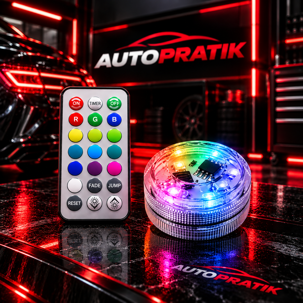Une lampe LED RGB ronde multicolore pour voiture présentée avec sa télécommande
