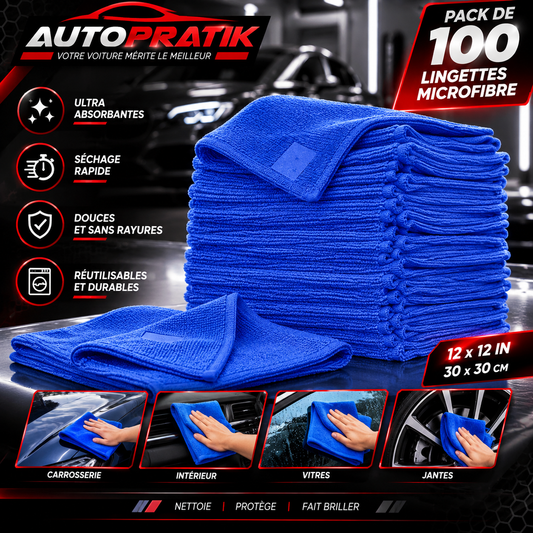 Visuel de lingettes microfibre bleues affichant un pack de 100, un format de 30 × 30 cm et des exemples d’utilisation sur la carrosserie, l’intérieur, les vitres et les jantes
