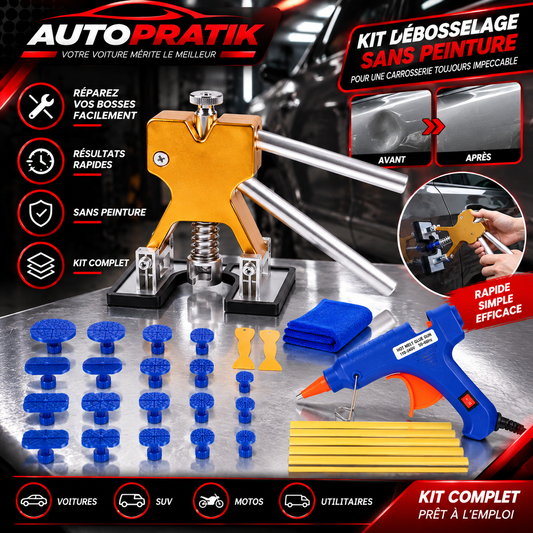 Visuel du kit de débosselage sans peinture, avec ses accessoires et une comparaison avant-après sur une carrosserie
