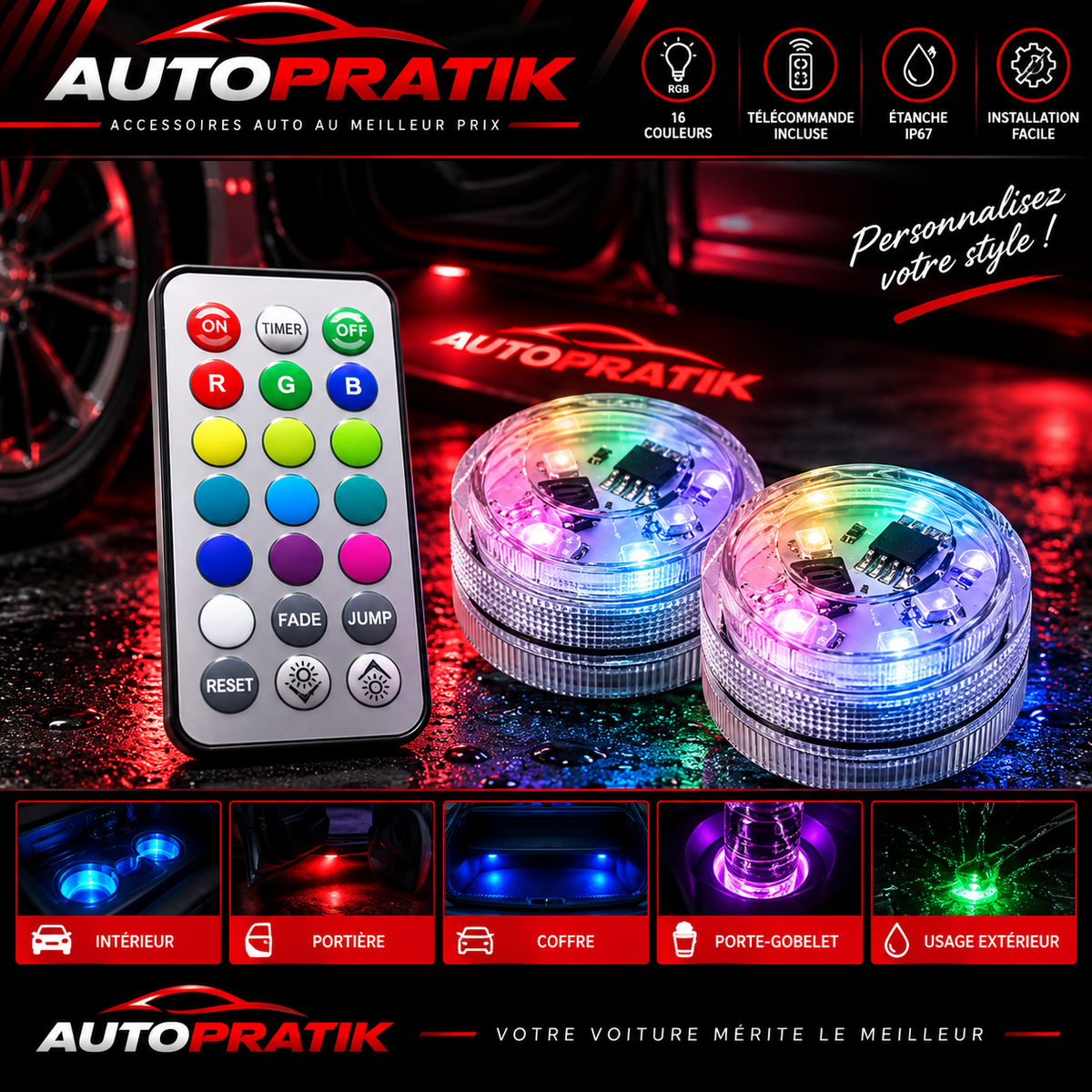 Deux lampes LED RGB rondes pour voiture avec télécommande et exemples d’éclairage
