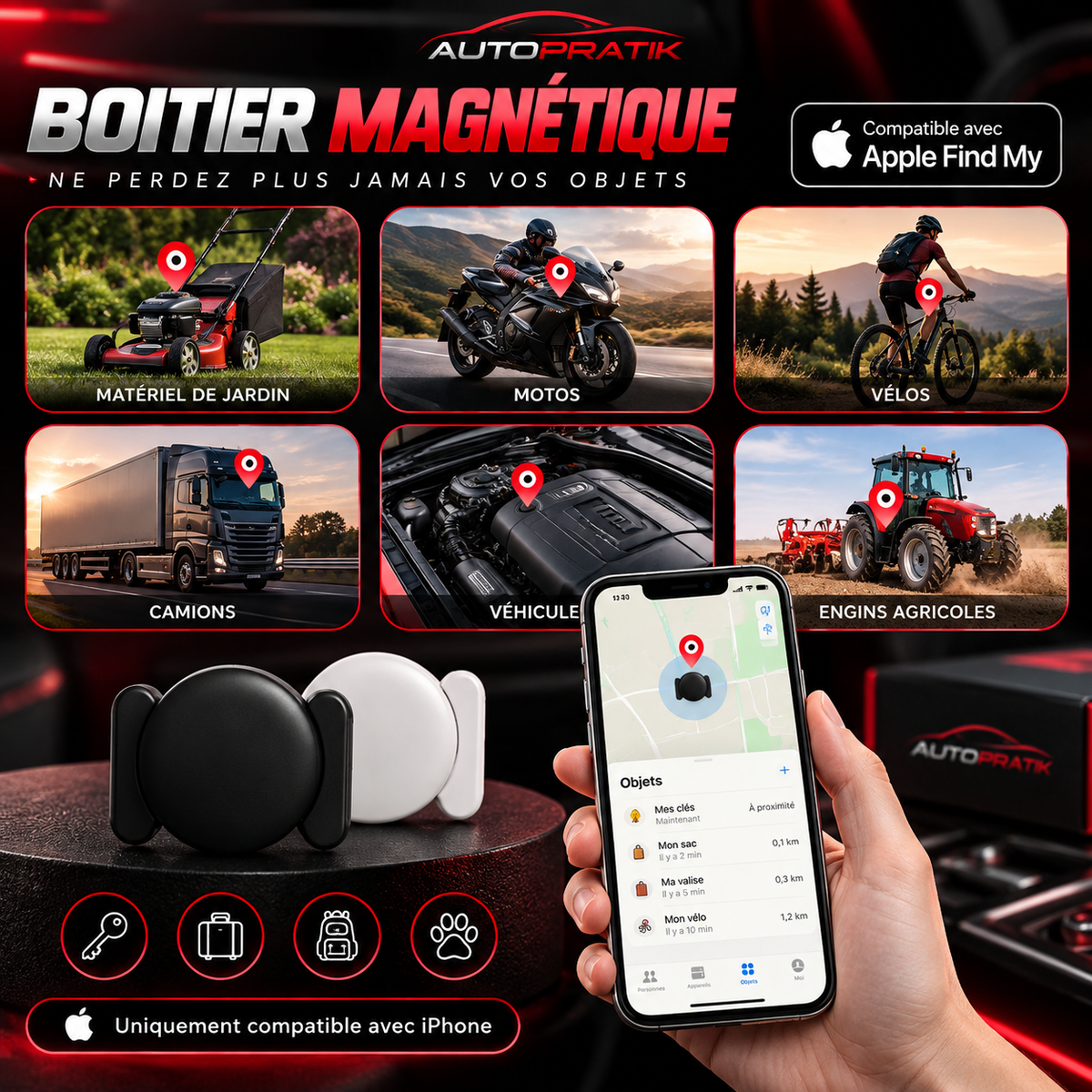 Traceur GPS magnétique pour voiture, compatible avec Apple Find My