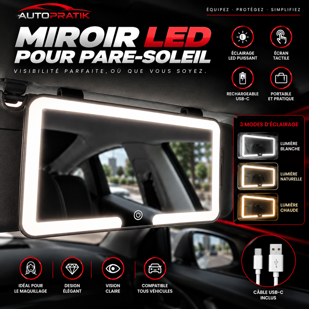 Miroir LED éclairé fixé sur un pare-soleil de voiture, avec les trois modes de lumière et le câble USB-C illustrés
