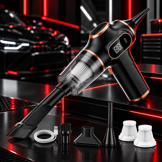 Aspirateur souffleur noir et cuivré avec embout-brosse, embouts, câble USB et filtres lavables
