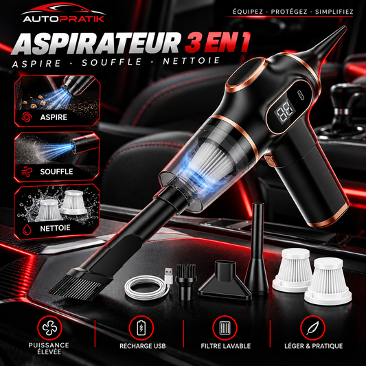 Visuel de l’aspirateur souffleur avec exemples d’aspiration, de soufflage et de nettoyage, ainsi que ses accessoires et son filtre lavable
