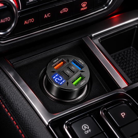 Chargeur allume-cigare multiports installé dans la console centrale d’une voiture, avec écran numérique affichant la tension et ports USB et USB-C PD
