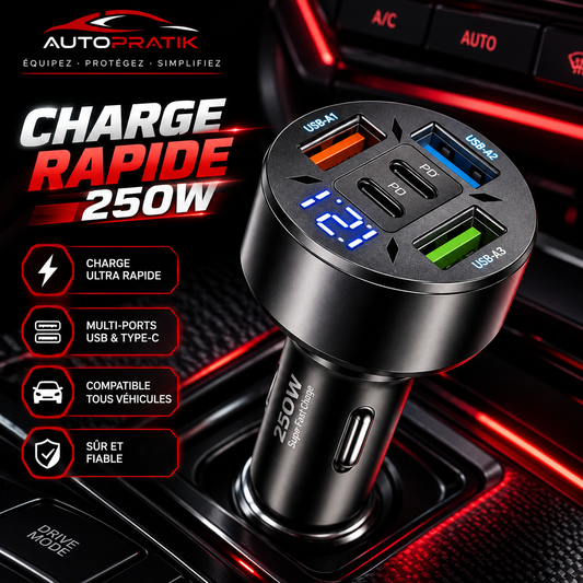 Chargeur allume-cigare multiports noir branché dans une prise 12 V, avec écran numérique et ports USB et USB-C PD
