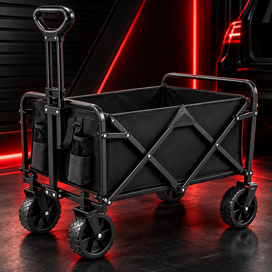 Chariot pliable noir vide, avec poignée télescopique, roues tout-terrain et poches latérales
