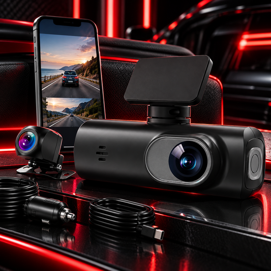 Dashcam double caméra noire avec caméra avant et caméra arrière, smartphone affichant les enregistrements et câble d’alimentation
