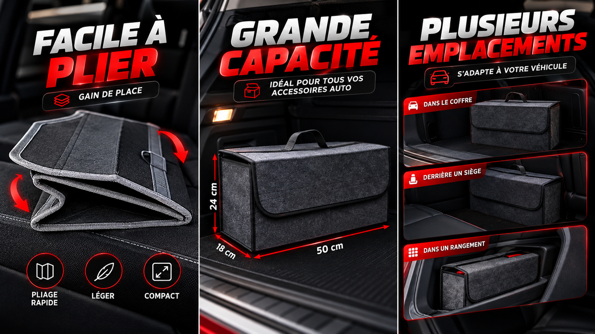 Infographie d’un organiseur de coffre pliable montrant son rangement compact, ses dimensions indiquées et plusieurs options de rangement dans une voiture
