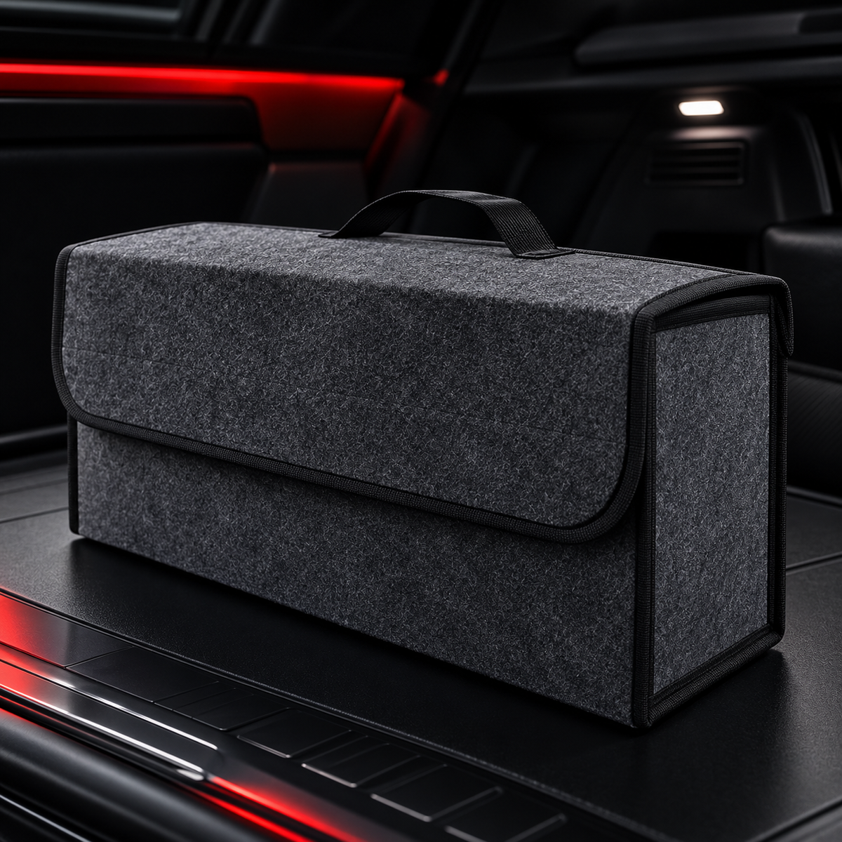 Organisateur de coffre pliable en tissu gris foncé, présenté dans le coffre d’une voiture
