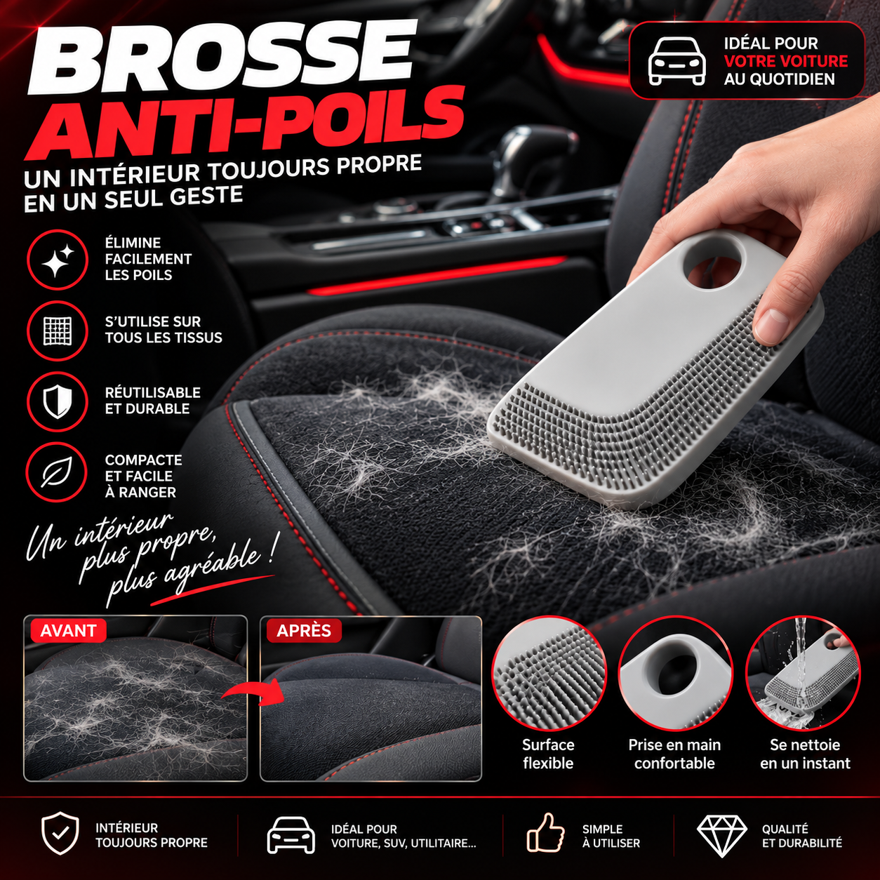 Brosse anti-poils pour voiture