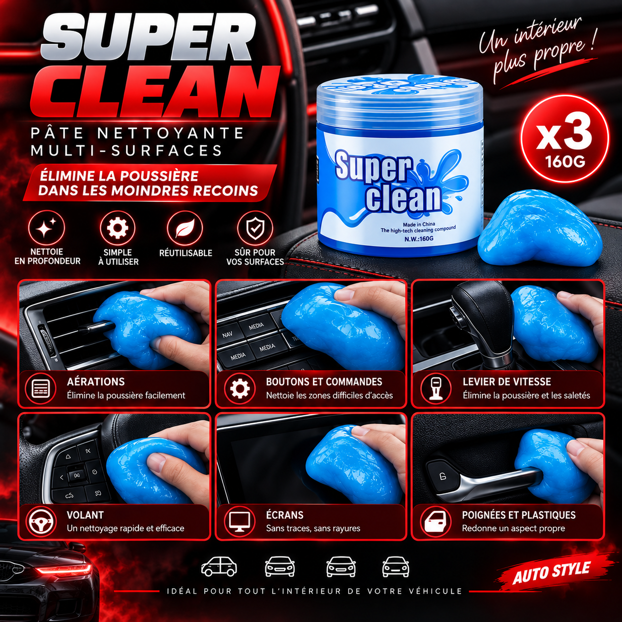 Gel nettoyant intérieur voiture
