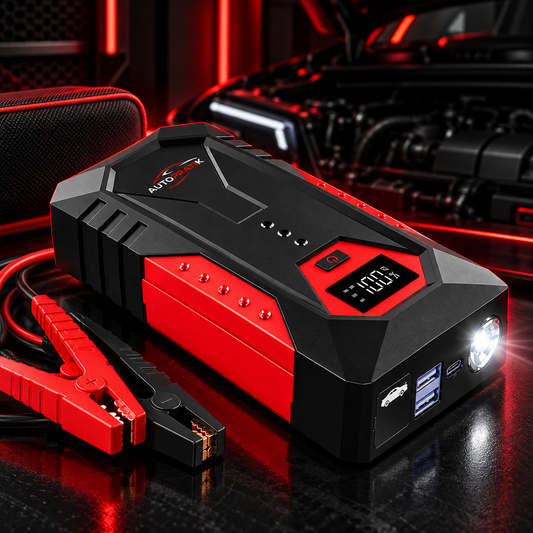 Booster de batterie AUTOPRATIK noir et rouge avec écran LED, pinces de démarrage, lampe intégrée et ports USB
