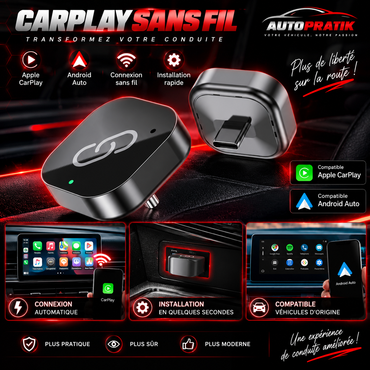Adaptateur CarPlay & Android Auto sans fil