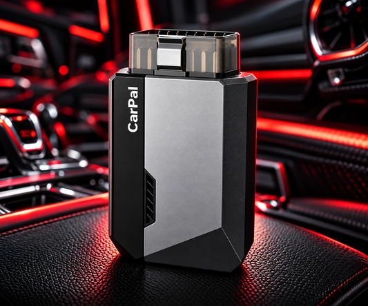Dongle de diagnostic CarPal OBD2 Bluetooth noir et gris, présenté seul dans l’habitacle d’une voiture
