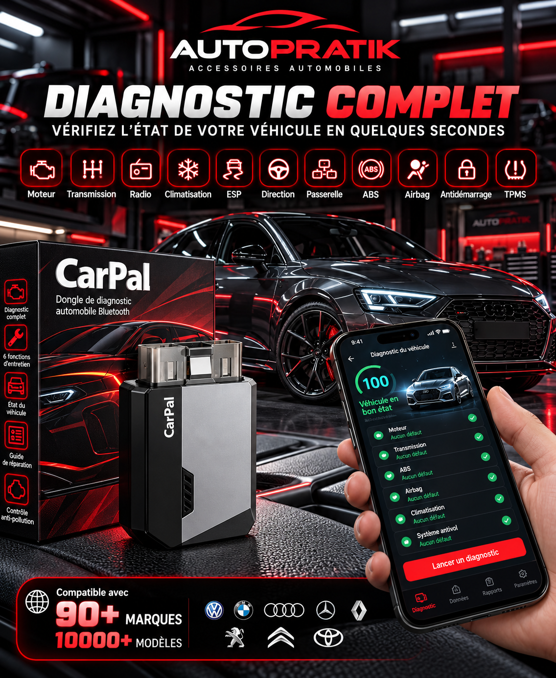 Dongle CarPal OBD2 et smartphone affichant l’état du véhicule, avec des logos de marques automobiles en bas de l’image
