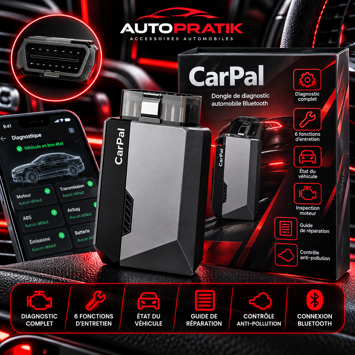 Visuel du dongle CarPal OBD2 avec son emballage et un smartphone affichant un écran de diagnostic
