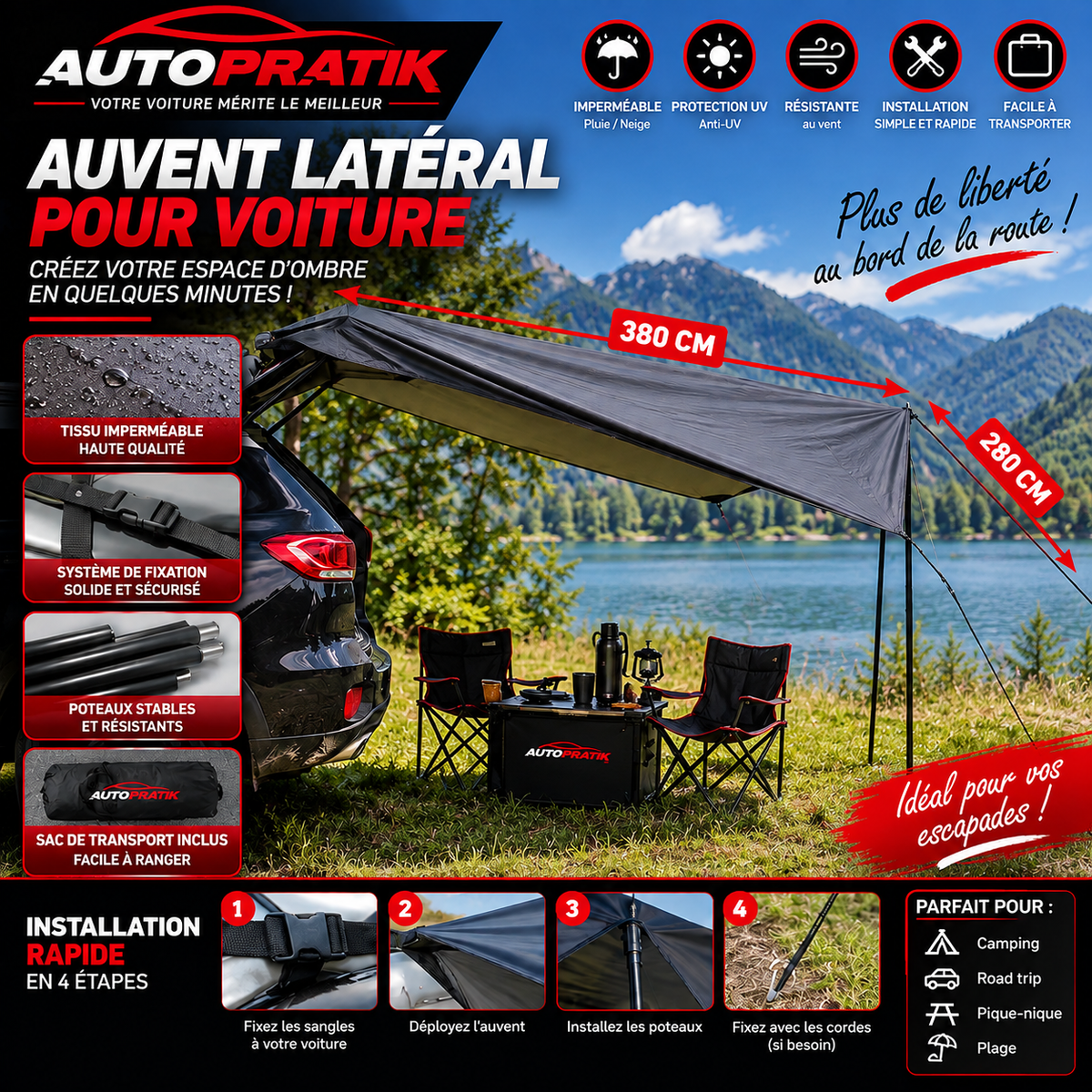 Auvent latéral déployé sur une voiture noire au bord d’un lac, avec des détails de fixation et les étapes d’installation illustrées.
