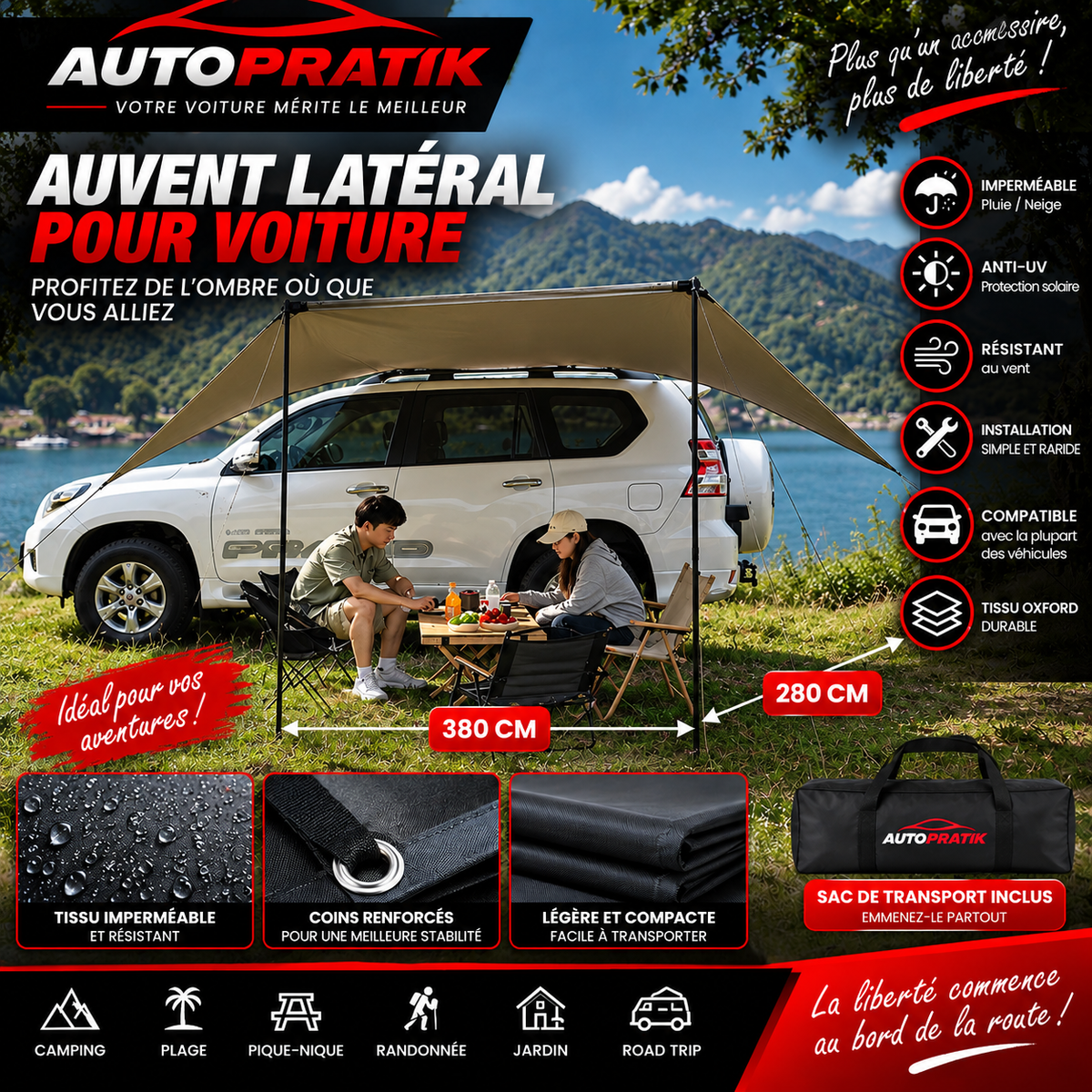 Auvent latéral déployé sur une voiture blanche au bord d’un lac, avec deux personnes assises à l’ombre et une infographie du produit.
