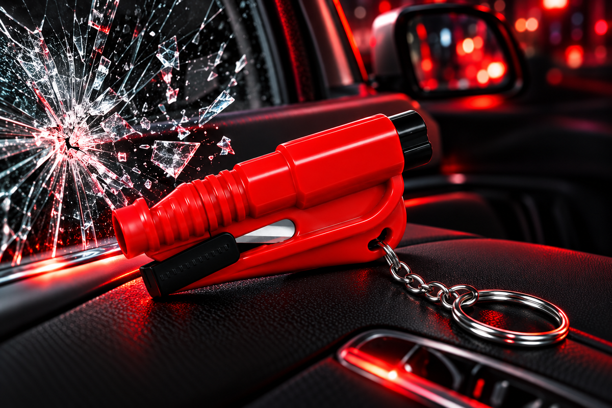 Brise vitre rouge avec porte-clés, présenté devant une vitre de voiture brisée
