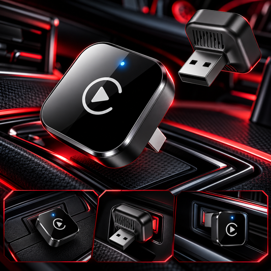 Adaptateur CarPlay sans fil noir avec prise USB-A, présenté sous plusieurs angles dans une voiture.
