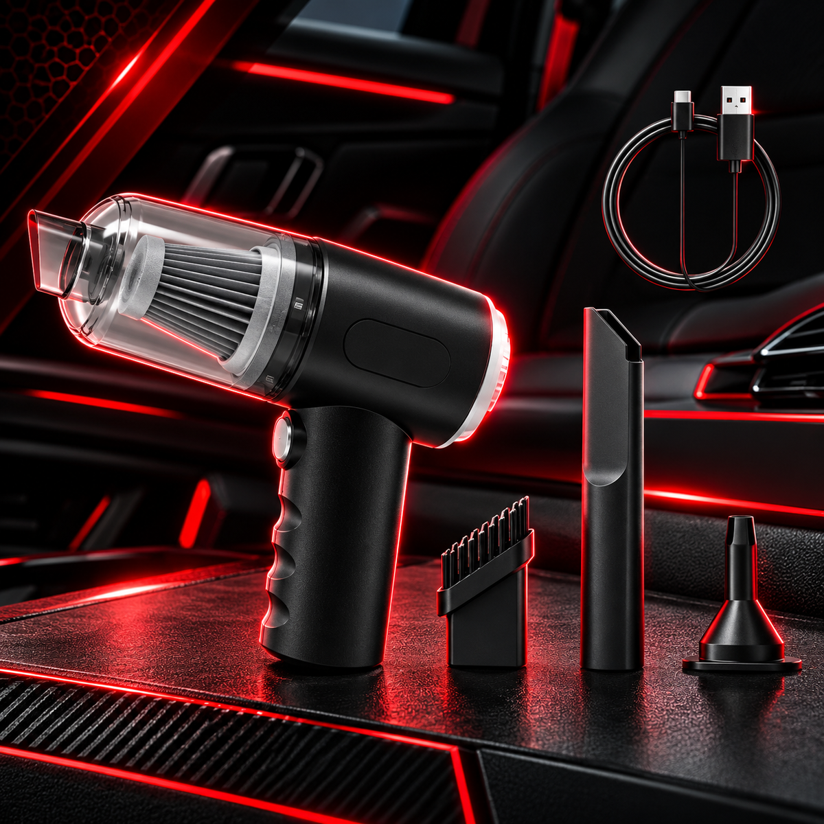 Aspirateur à main noir avec réservoir transparent, embouts de nettoyage et câble USB.
