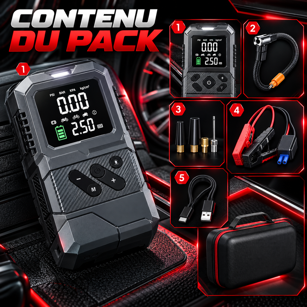 Compresseur avec booster, tuyau de gonflage, embouts, pinces de démarrage, câble USB et housse de transport.
