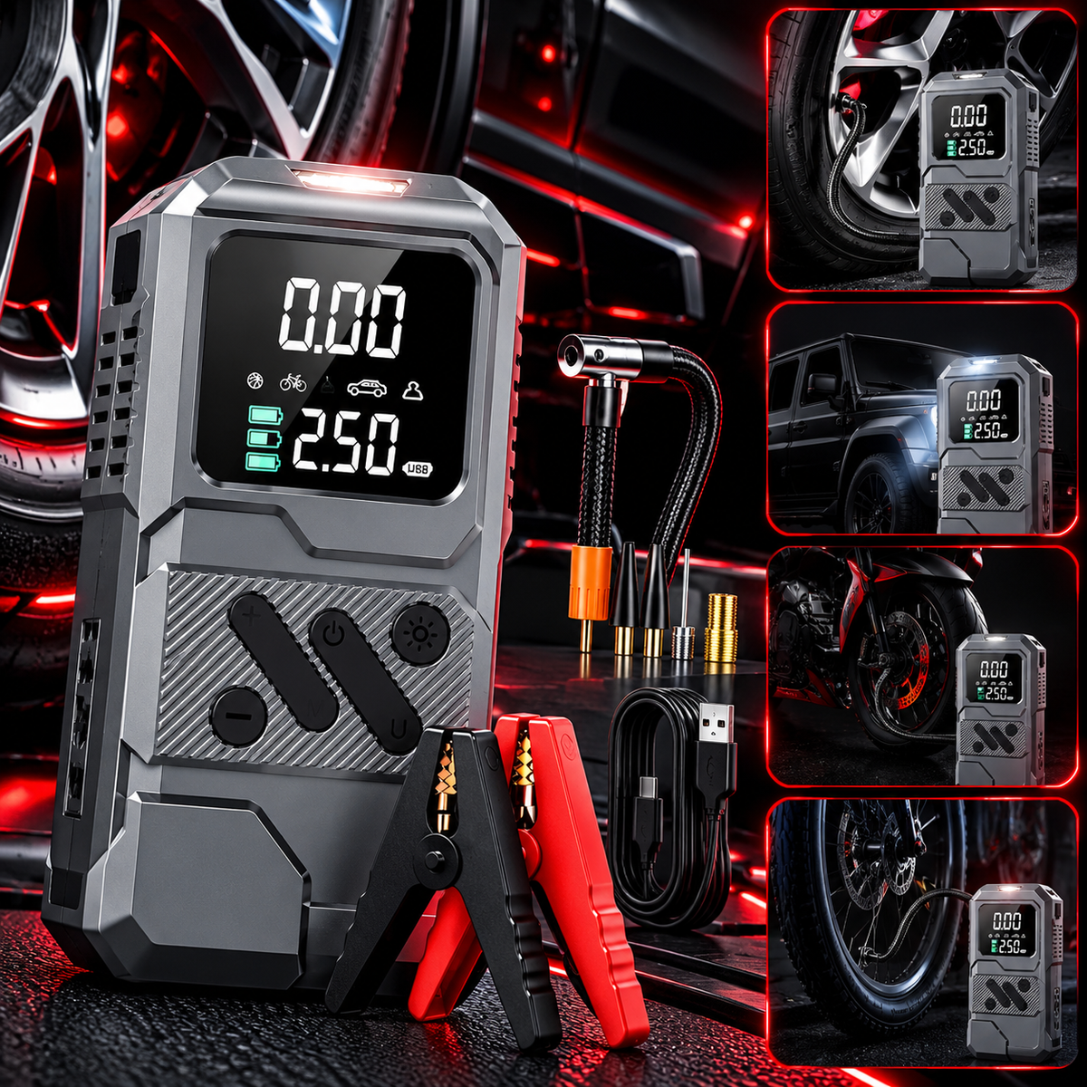 Compresseur portable avec écran numérique, pinces de démarrage et accessoires de gonflage.
