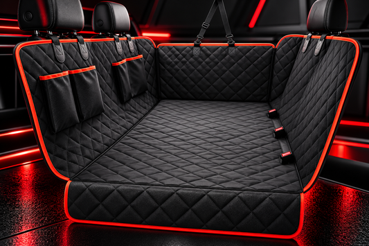 Housse noire matelassée à bordures rouges pour protéger la banquette arrière de voiture.
