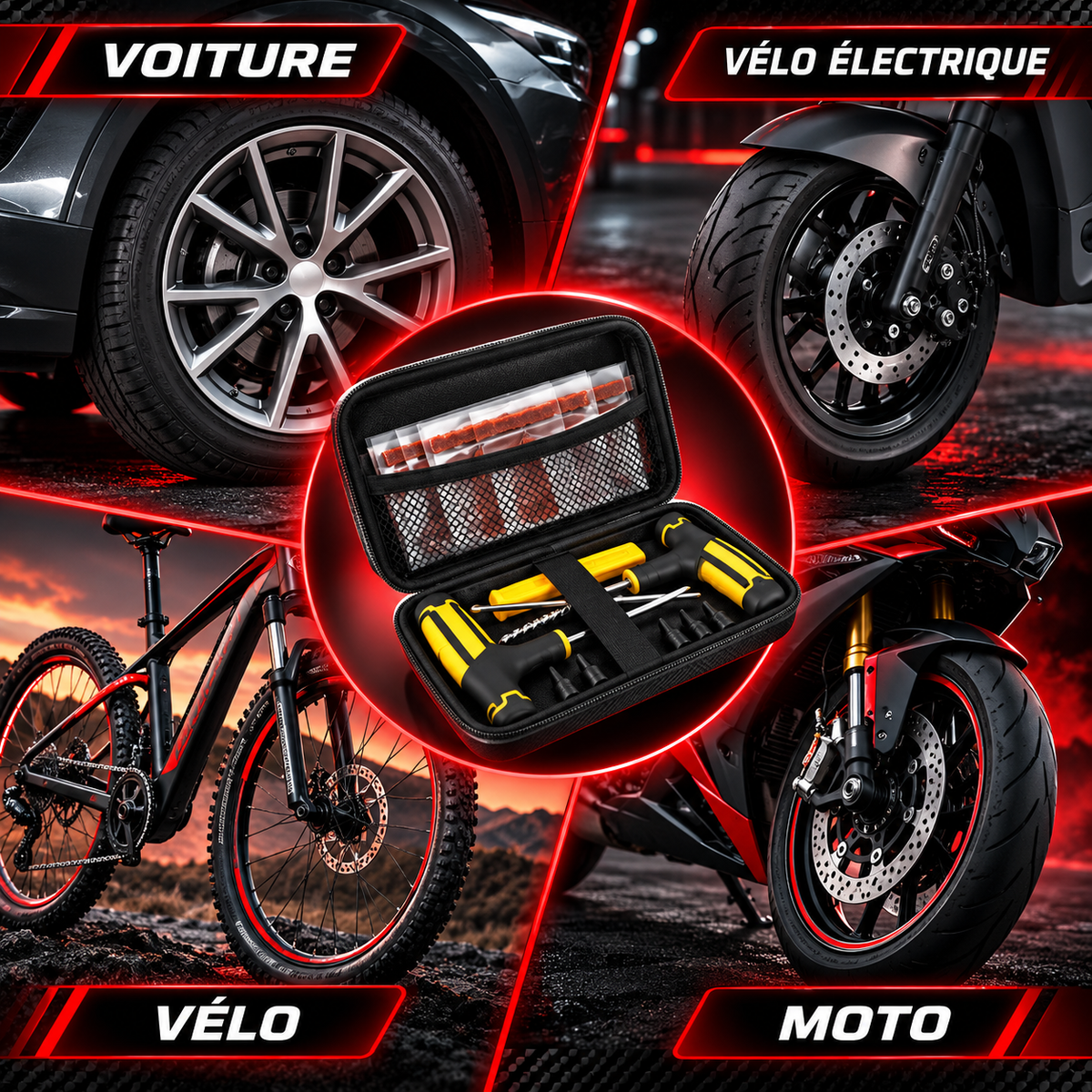 Kit de réparation de pneus dans un étui ouvert, entouré de visuels de voiture, vélo et moto.
