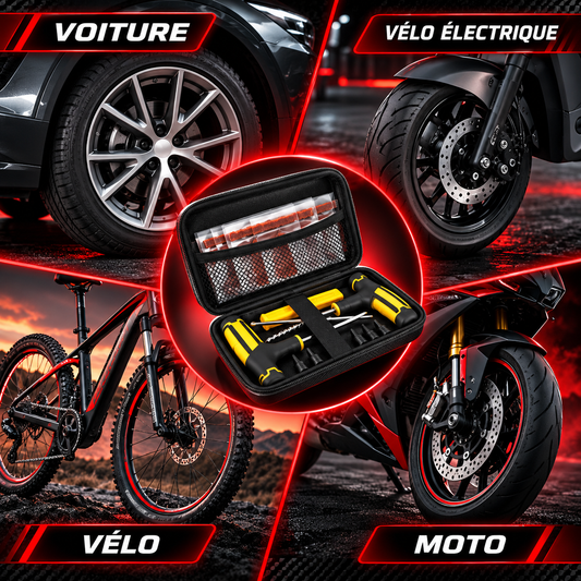 Kit de réparation de pneus dans un étui ouvert, entouré de visuels de voiture, vélo et moto.
