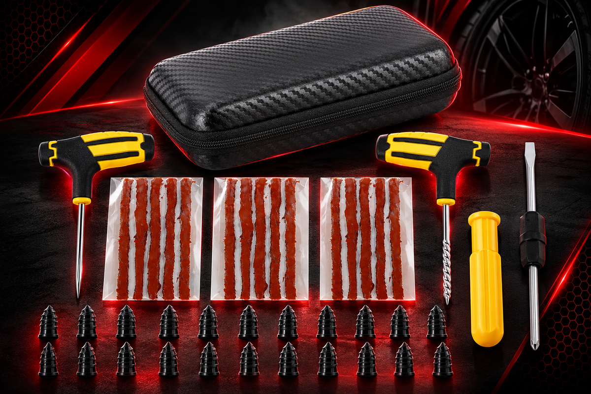 Kit de réparation de pneus avec étui noir, outils à poignées jaunes et noires, mèches et vis de réparation.
