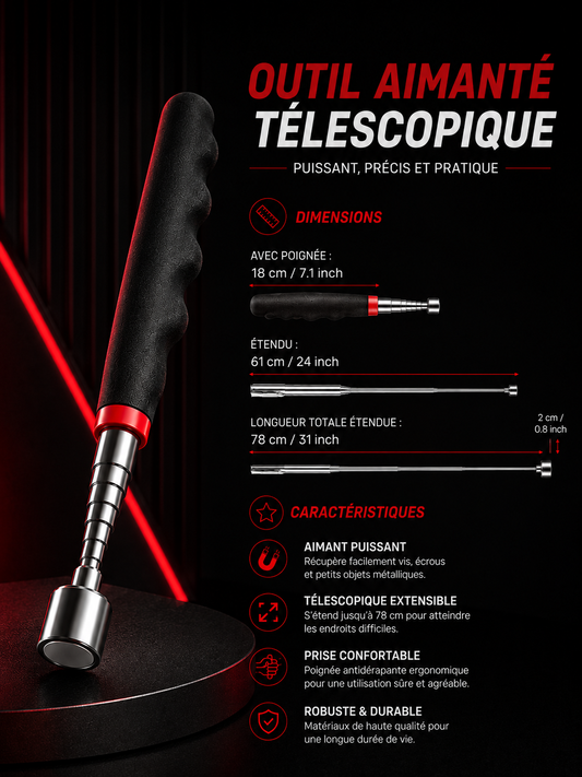 Aimant télescopique extensible avec schéma de dimensions et poignée ergonomique
