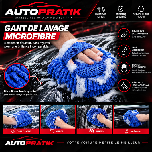 Gant de lavage microfibre bleu porté pour laver une voiture, avec des exemples d’utilisation sur la carrosserie, les vitres, les jantes et l’intérieur

