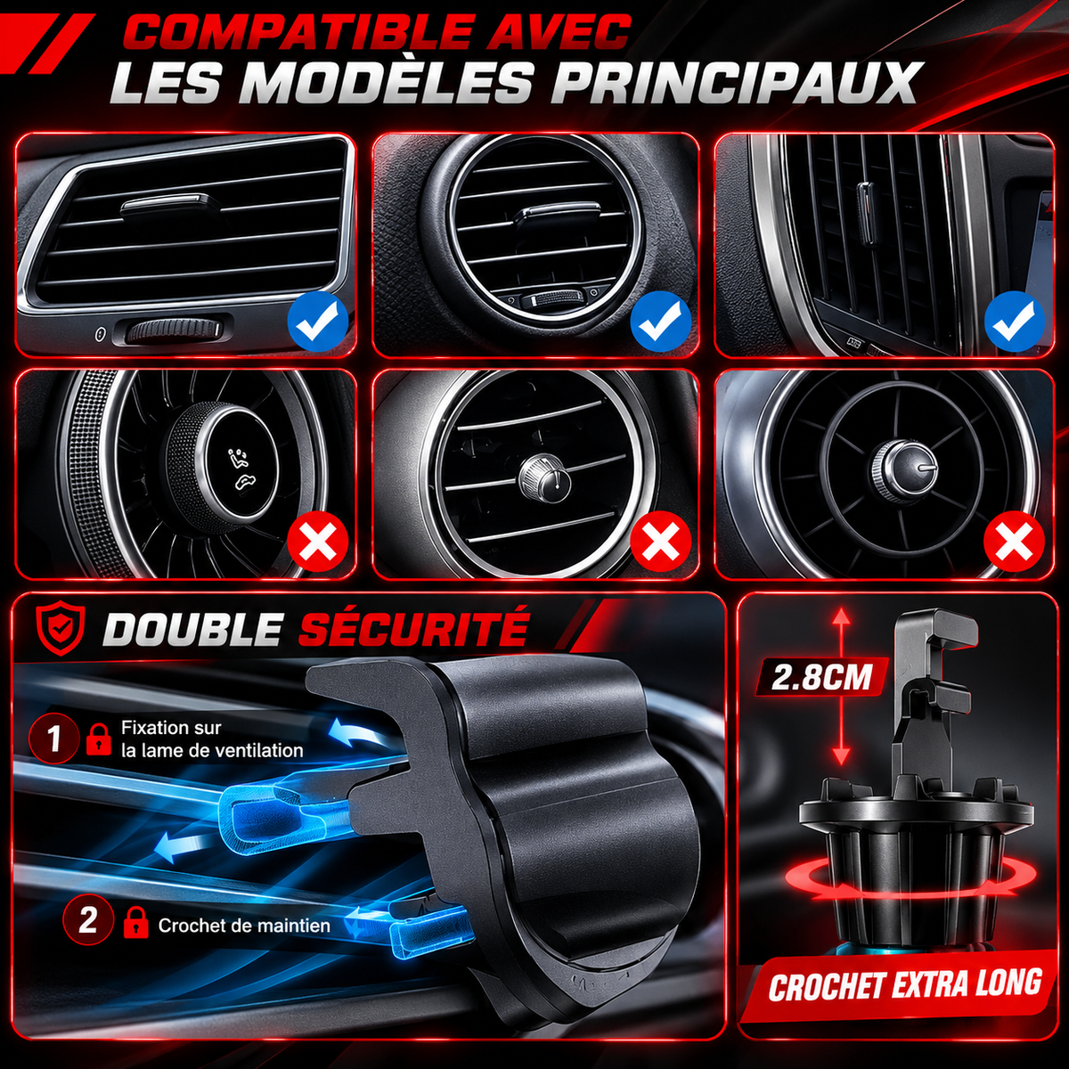Exemples de grilles compatibles et incompatibles avec le support, et détails du crochet de fixation.
