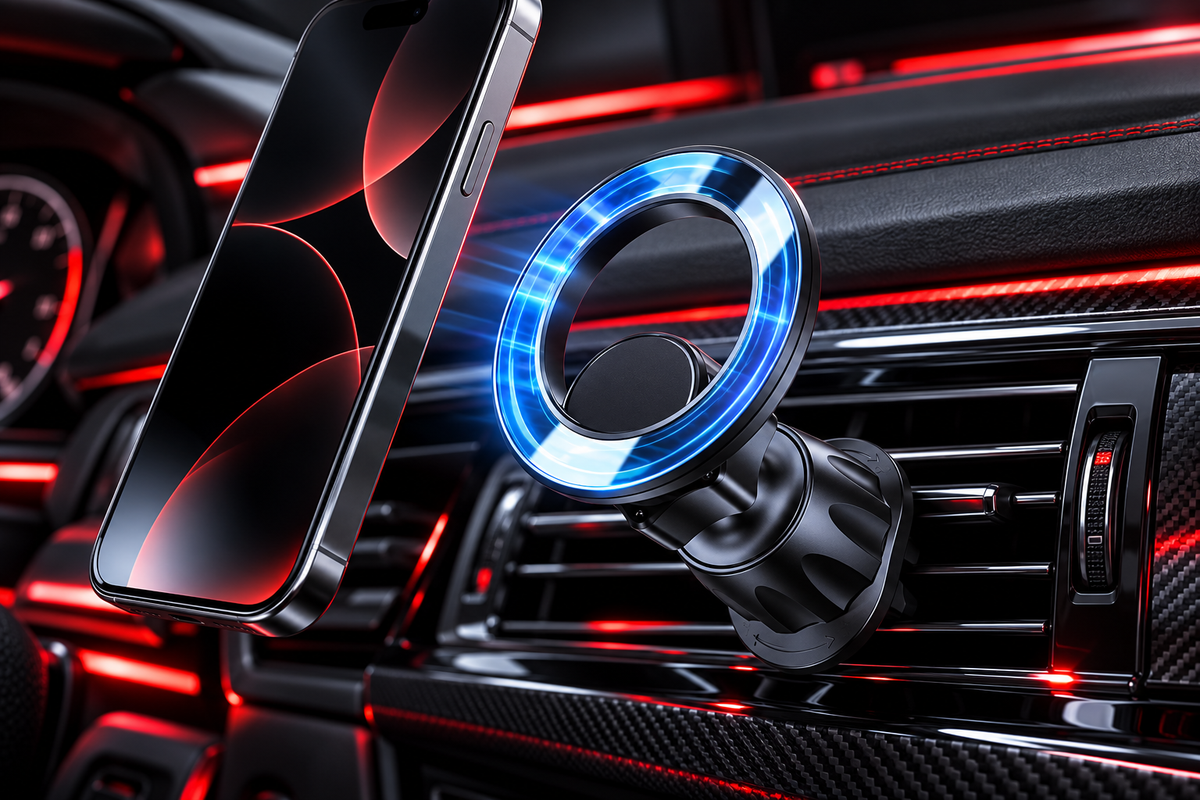Support téléphone magnétique compatible MagSafe fixé sur une grille d’aération de voiture.
